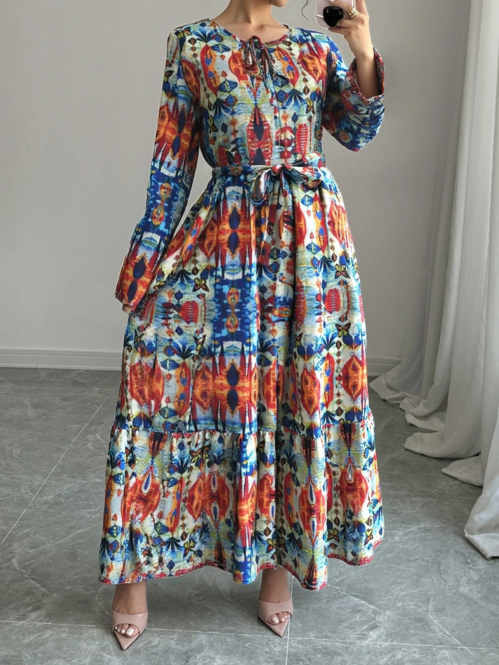 Zara Retro Summer Casual Belted Round Neck Printed Flared Long Sleeve Maxi Dress